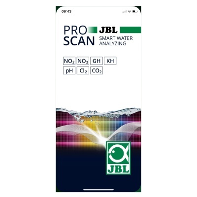 Interface de aplicação móvel para análise inteligente de água JBL Pro Scan com parâmetros químicos e logótipo