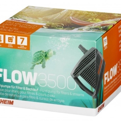 Caixa da bomba de lago EHEIM FLOW 3500 com imagem de tartaruga e texto em várias línguas