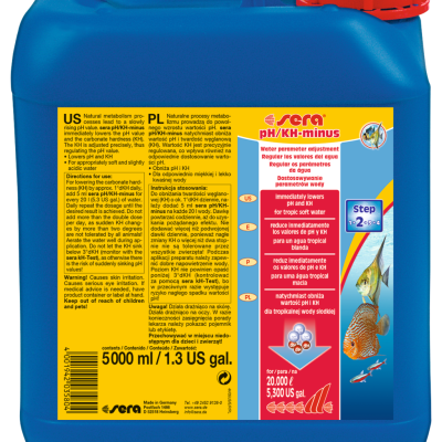 Recipiente azul com tampa vermelha e rótulo colorido para produto aquarismo