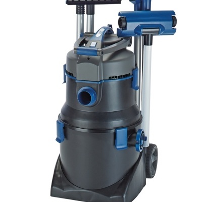 Aspirador industrial cinzento e azul com acessórios e rodas