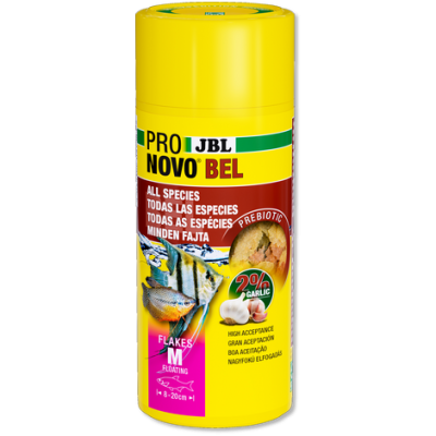 Tubo amarelo de alimento para peixes JBL Pro Novo Bel com rótulo colorido e texto multilíngue