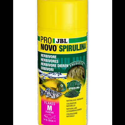 Embalagem amarela de ração para peixes JBL Pro Novo Spirulina com imagens e texto