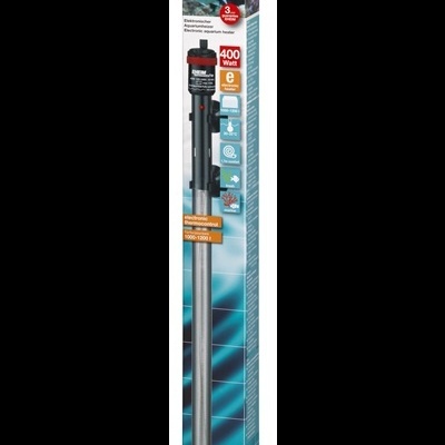 aquecedor eletrónico para aquário EHEIM thermo em embalagem azul e laranja