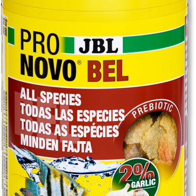Frasco amarelo de comida para peixes JBL Pro Novo Bel com rótulo colorido e texto multilíngue