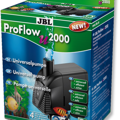 Embalagem da bomba universal JBL ProFlow u2000 em azul e verde com imagens de peixes e texto multilingue
