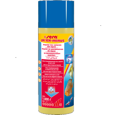 Frasco amarelo com tampa azul de produto para aquário Sera pH/KH-minus