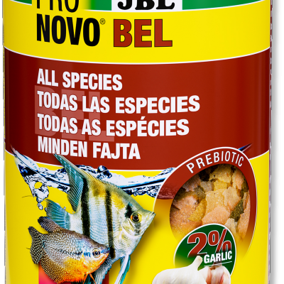 Embalagem amarela de alimento para peixes JBL PRO NOVO BEL com texto em várias línguas, imagens de peixes, alho e flocos.
