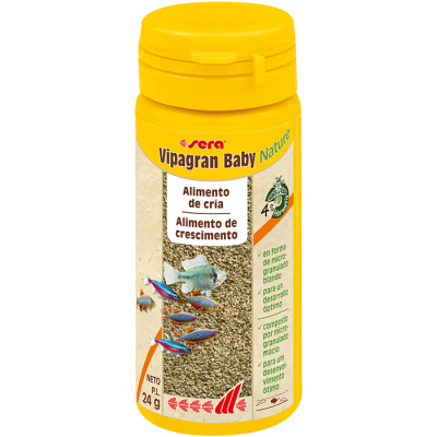 Frasco amarelo de alimento para peixes Vipagran Baby Nature da Sera