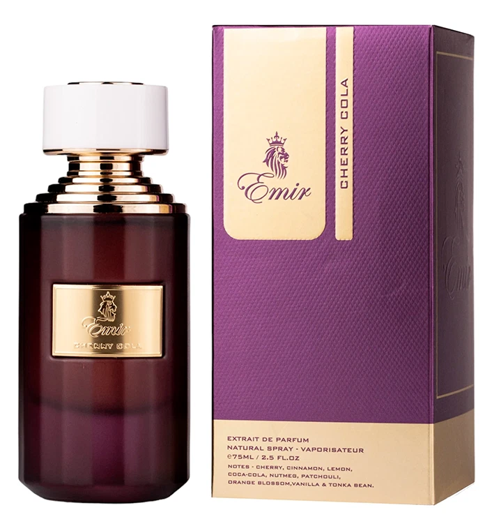 Extrato de Perfume de Cola de Cereja 75ml - Émir Frasco vinho de perfume Emir Cherry Cola com embalagem roxa e bege