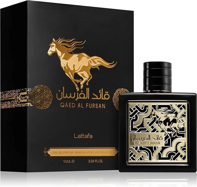 Qaed Al Fursan Unlimited EDP 90ml Perfume Lattafa Qaed Al Fursan frasco preto com detalhes dourados e caixa preta com cavalo dourado