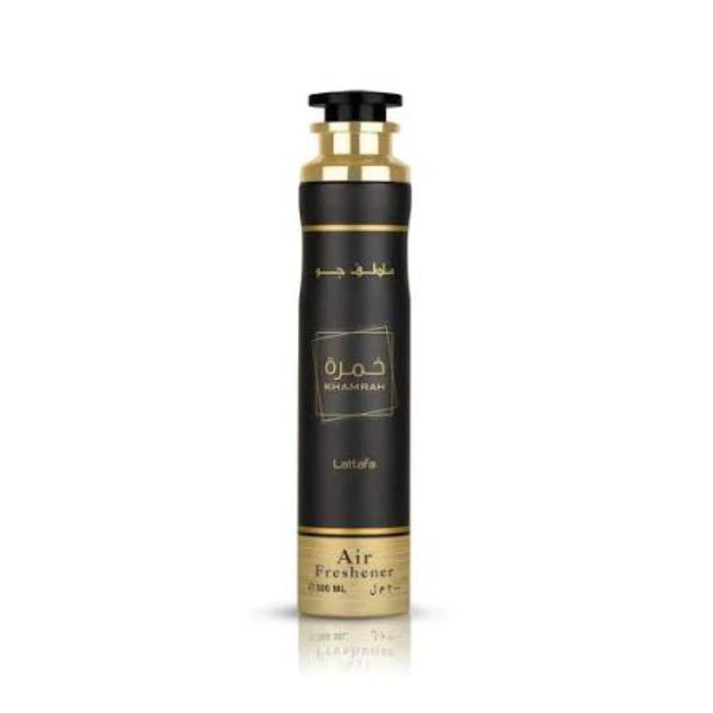 LATTAFA KHAMRAH AIR FRESHENER 300ML Frasco aerossol preto e dourado de ambientador de 300ml