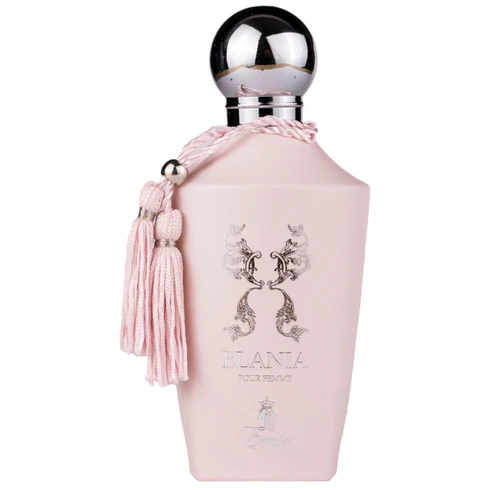Elania Emir Women's EDP by Paris Corner Perfume Frasco rosa claro de perfume ELANIA POUR FEMME com tampa prateada e franjas rosa
