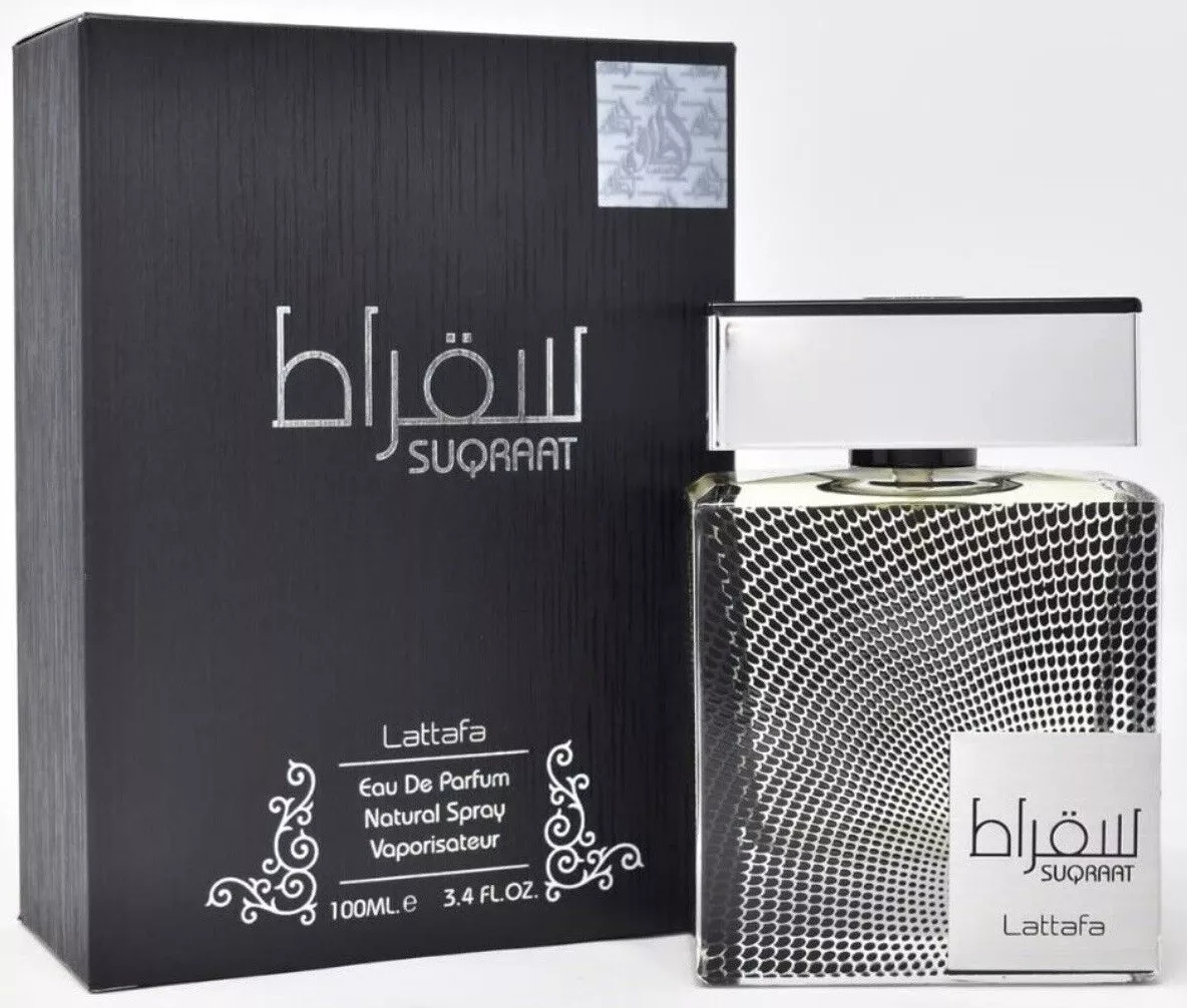Suqraat Eau de Parfum 100ml - Lattafa Perfume Suqraat Lattafa com frasco e caixa preta e prateada.