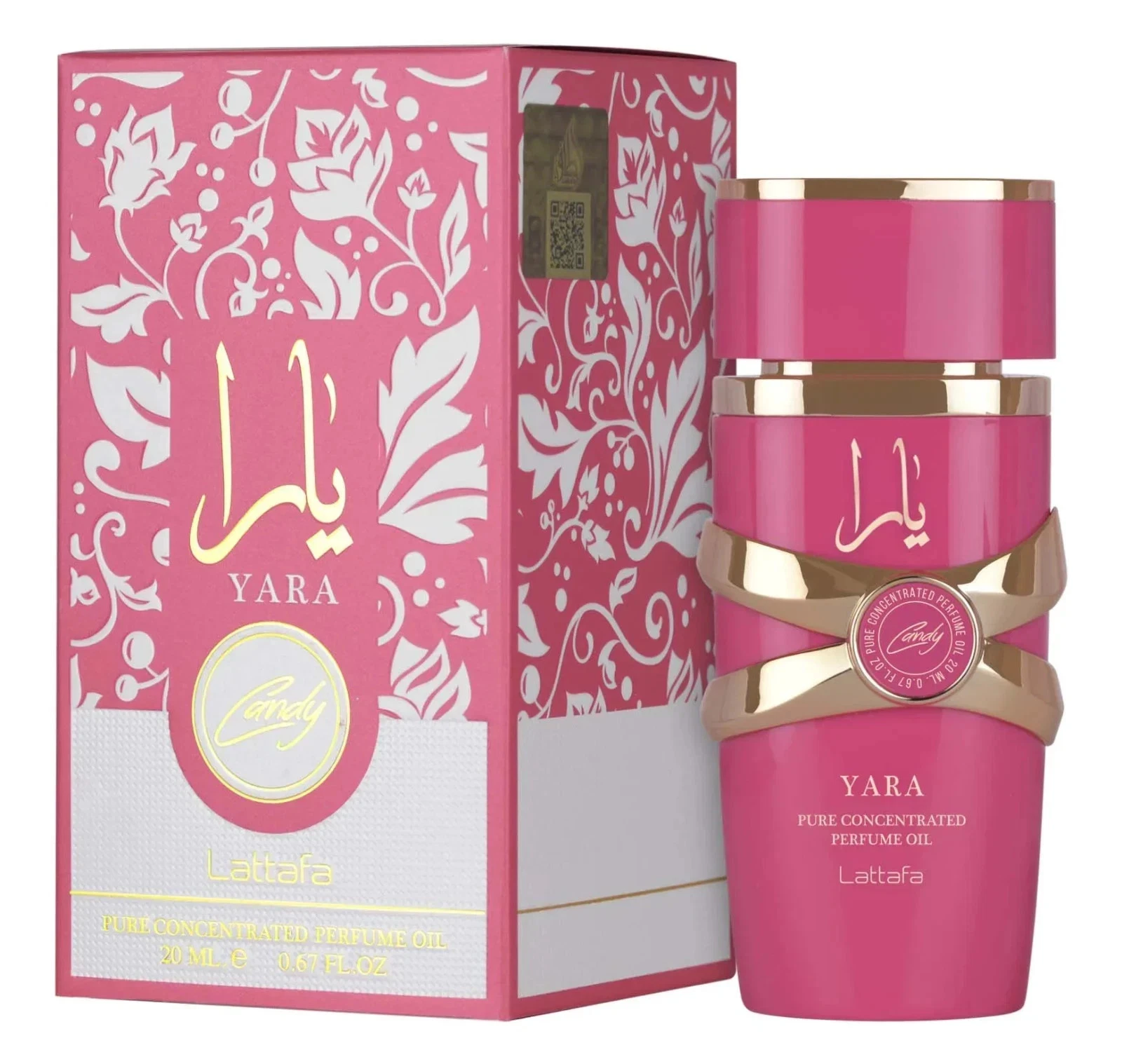 LATTAFA Yara Candy Concentrate Oil 20 ml Frasco e caixa de perfume rosa com detalhes dourados e padrão floral