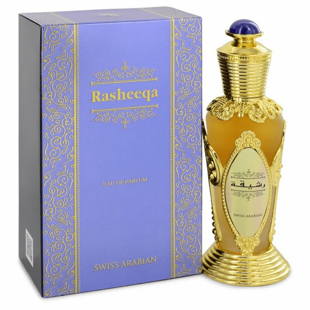 Rasheeqa Swiss Arabian perfume - a fragrance for women 50ml Perfume Rasheeqa Swiss Arabian com embalagem roxa e frasco dourado decorativo