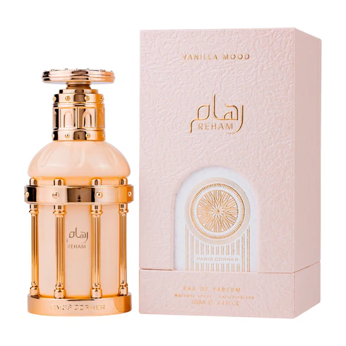 Eau de parfum Reham Vanilla Mood 100ml - Paris Corner Frasco de perfume Reham Vanilla Mood com caixa cor de rosa clara