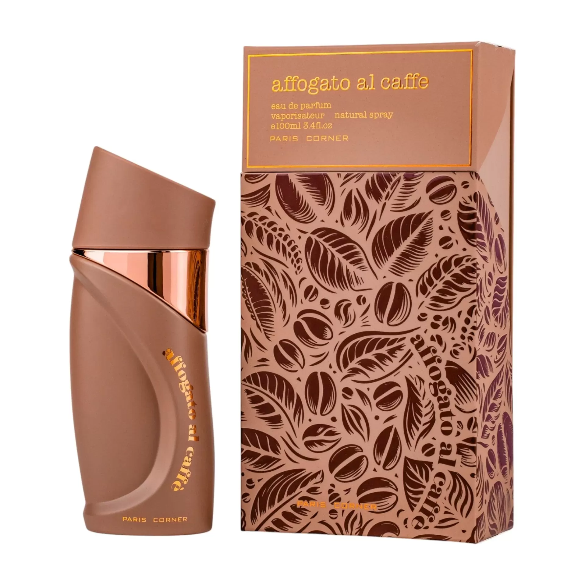 Eau de Parfum Affogato Al Caffé 100ml - Paris Corner Frasco de perfume marrom e embalagem decorada com folhas e grãos de café.