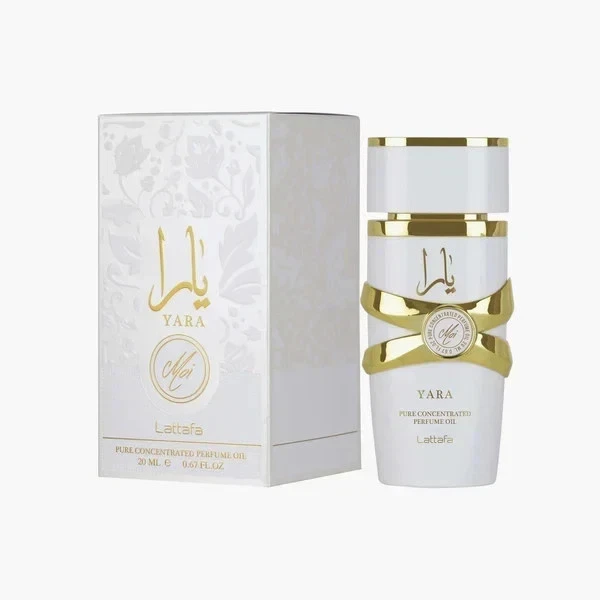 LATTAFA Yara Moi Concentrate Oil 20 ml Frasco de óleo de perfume puro concentrado YARA da Lattafa com embalagem branca e dourada