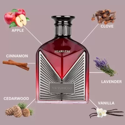 Frasco de perfume VICTORIOSO FEARLESS em vidro vermelho e preto com design geométrico e aromas indicados ao redor.