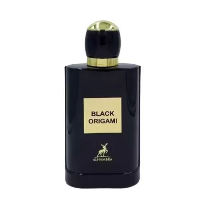 Frasco de perfume preto Black Origami da Alhambra com tampa preta e dourada