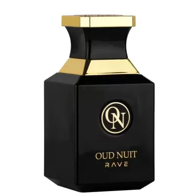 Frasco de perfume preto e dourado com texto 'OUD NUIT RAVE'