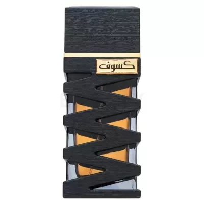 Frasco de perfume preto com design em ziguezague e líquido âmbar