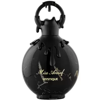 Frasco de perfume preto com efeito derretido e texto dourado