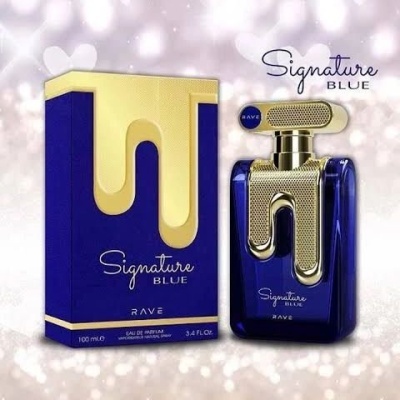 Frasco e embalagem de perfume Signature Blue com design azul e dourado