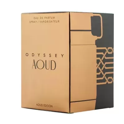 Embalagem de perfume dourada e preta com texto ODYSSEY AOUD