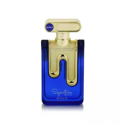 Frasco de perfume azul e dourado RAVE Signature BLUE