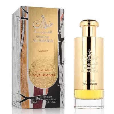 Frasco dourado de perfume e caixa decorativa Royal Blends Lattafa