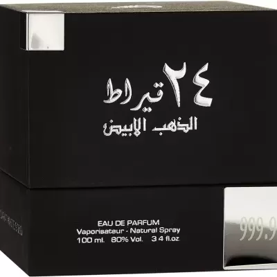 Embalagem preta de perfume Eau de Parfum com texto em árabe e informações em francês