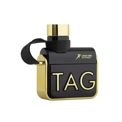 frasco de perfume preto e dourado com letras TAG em relevo