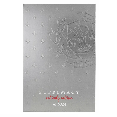Embalagem cinzenta em relevo com texto SUPREMACY not only intense AFNAN