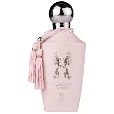 Frasco rosa claro de perfume ELANIA POUR FEMME com tampa prateada e franjas rosa