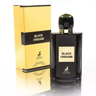 Perfume Black Origami com embalagem amarela e preta