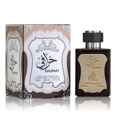 Frasco de perfume KHURAFI e caixa com design castanho e texto em árabe e inglês