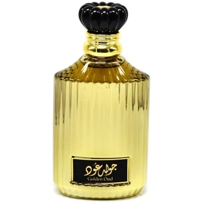 Frasco dourado de perfume Golden Oud com tampa preta texturizada