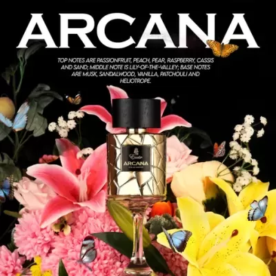 Frasco de perfume ARCANA com flores coloridas e borboletas em fundo preto