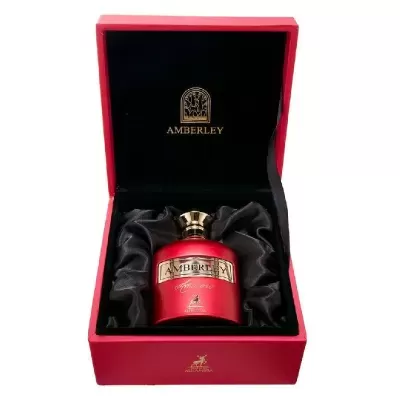 Frasco vermelho de perfume Amberley numa caixa vermelha com interior preto acetinado