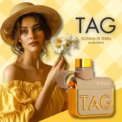 Frasco de perfume TAG DONNA DI TERRA com modelo feminina e flores, fundo xadrez amarelo