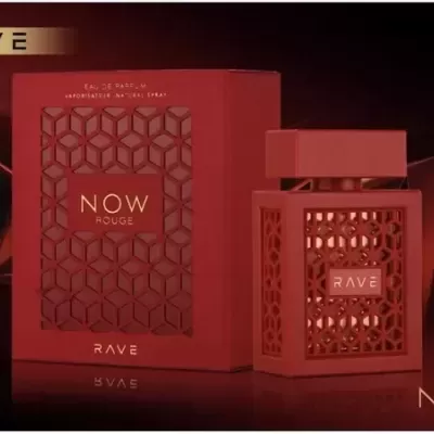 Frasco e caixa vermelhos de perfume RAVE NOW ROUGE com padrões geométricos e texto dourado