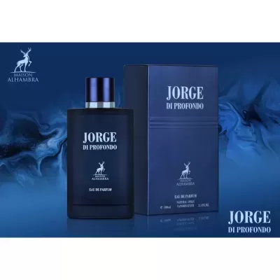 Frasco e embalagem de perfume azul escuro JORGE DI PROFONDO com logotipo de veado