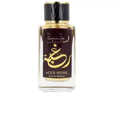 Frasco de perfume Ragha Wood Intense com rótulo preto e dourado