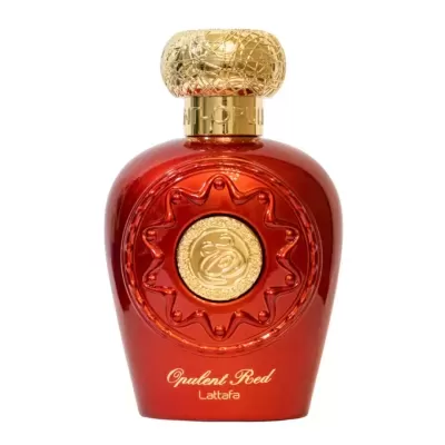 Frasco vermelho opulento de perfume Lattafa com tampa dourada texturizada