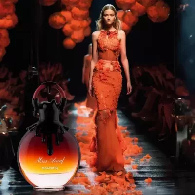 Frasco de perfume laranja e vermelho em frente a modelo com vestido laranja na passarela