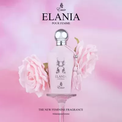 Frasco rosa claro de perfume ELANIA POUR FEMME com flores rosas e texto promocional