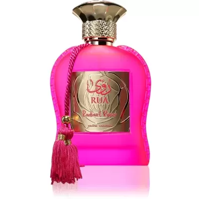 Frasco de perfume rosa vibrante com tampa dourada e etiqueta dourada com texto