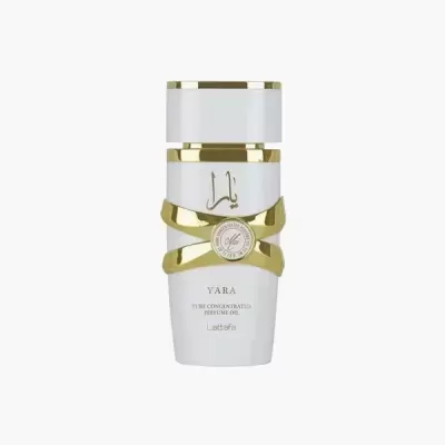 Frasco branco e dourado de óleo de perfume concentrado com texto em inglês e caligrafia árabe.