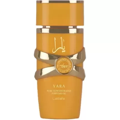 Frasco amarelo dourado de perfume Lattafa Yara